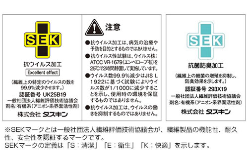 「抗ウイルス加工」と「抗菌防臭加工」のSEKマーク