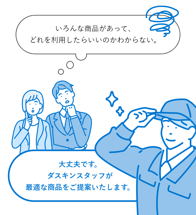 いろんな商品があって、どれを利用したらいいのかわからない。大丈夫です。ダスキンスタッフが最適な商品をご提案いたします。