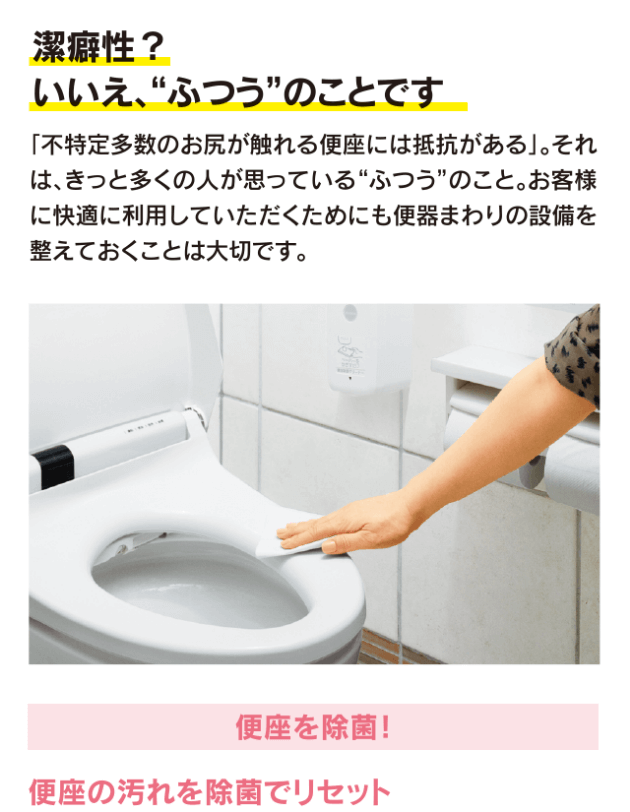 潔癖性?いいえ、“ふつう”のことです。「不特定多数のお尻が触れる便座には抵抗がある」。それは、きっと多くの人が思っている“ふつう”のこと。お客様に快適に利用していただくためにも便器まわりの設備を整えておくことは大切です。